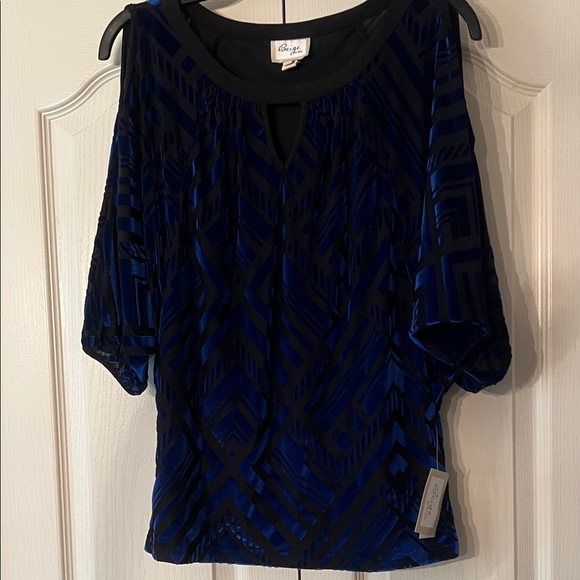 Beige by eci Blue and Black Velvet Blouse - Picture 1 of 9